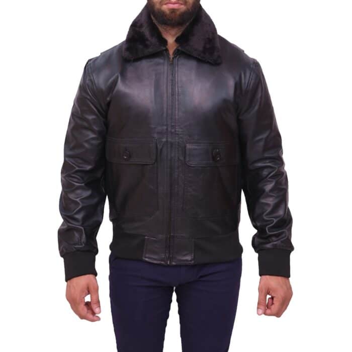 Classy20Two20Tone20Mens20Black20Leather20Bomber20Jacket20With20Fur20Collar20Front