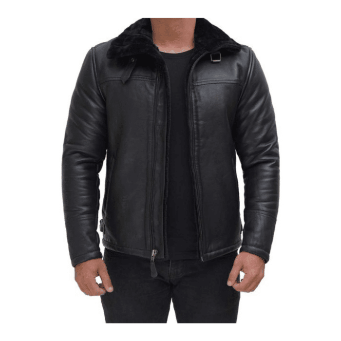 Essential20Mens20Black20Shearling20Bomber20Jacket20With20Fur20Collar20Front
