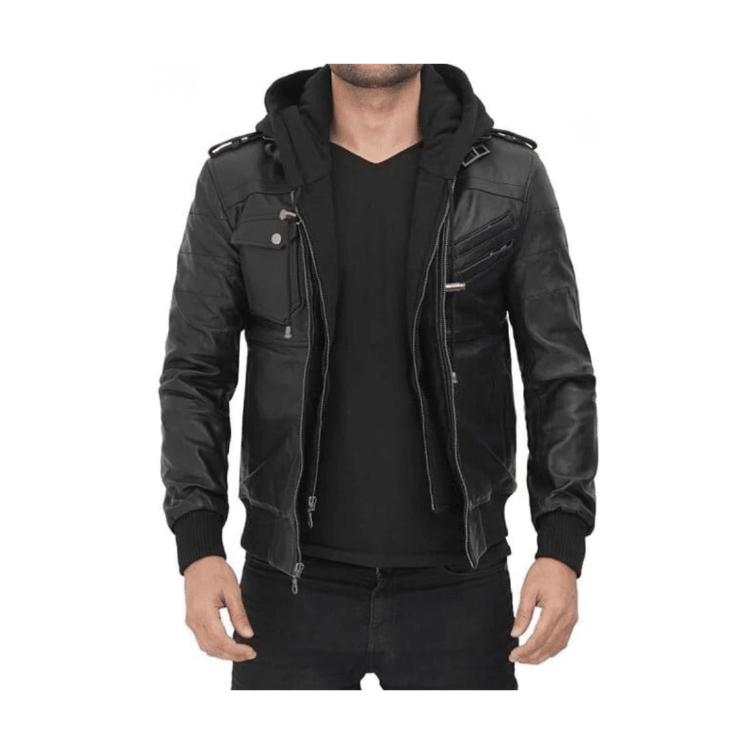 Prime Black Hooded Bomber Jacket Mens Genuine Leather | H&B UK