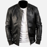 Agile Mens Black Genuine Leather Bomber Jacket front open