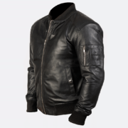 Agile Mens Black Genuine Leather Bomber Jacket left side