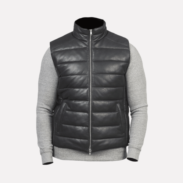 Avid Black Leather Puffer Vest Mens front