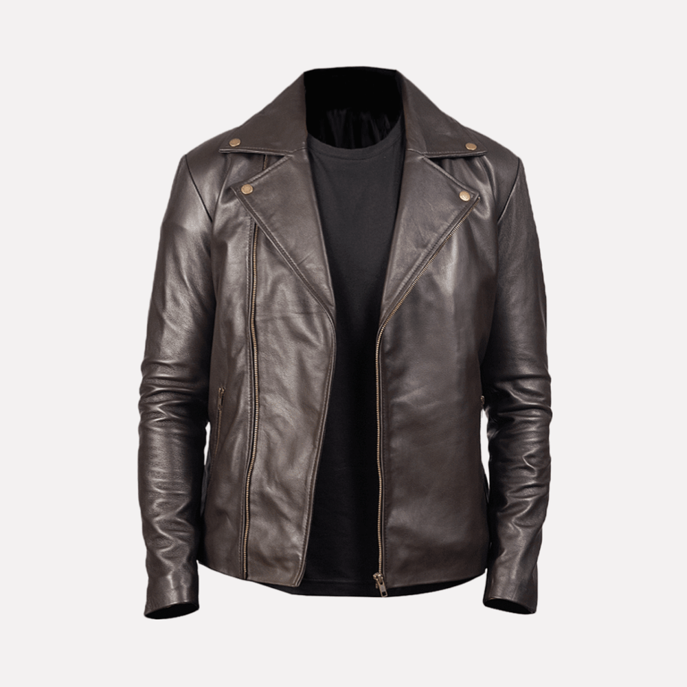 Decorous Brown Leather Motorcycle Jacket Mens front open