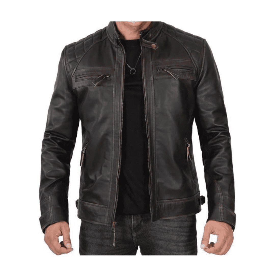 Mens Waxed Black Cafe Racer Leather Jacket | H&B UK