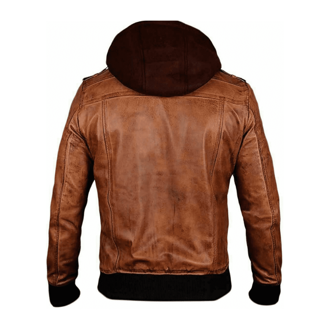 Olympus Waxed Brown Sheepskin Leather Bomber Jacket With Hood | H&B UK