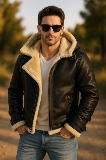 Premium Mens Leather Bomber Jacket With Shearling