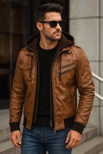 Olympus Waxed Brown Sheepskin Leather Bomber Jacket With Hood